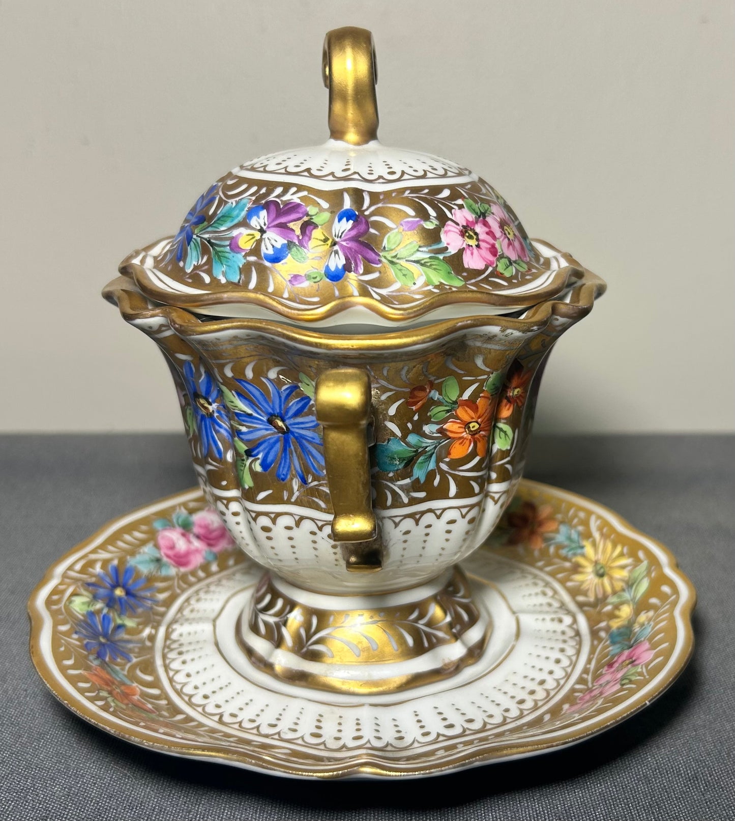 1930’s French Halga Limoges Napoleon III Style Porcelain Hand-Painted Gilded Floral Motifs Footed Chocolate Pot with Underplate