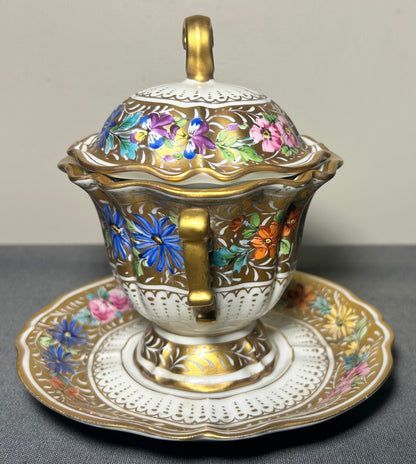 1930’s French Halga Limoges Napoleon III Style Porcelain Hand-Painted Gilded Floral Motifs Footed Chocolate Pot with Underplate