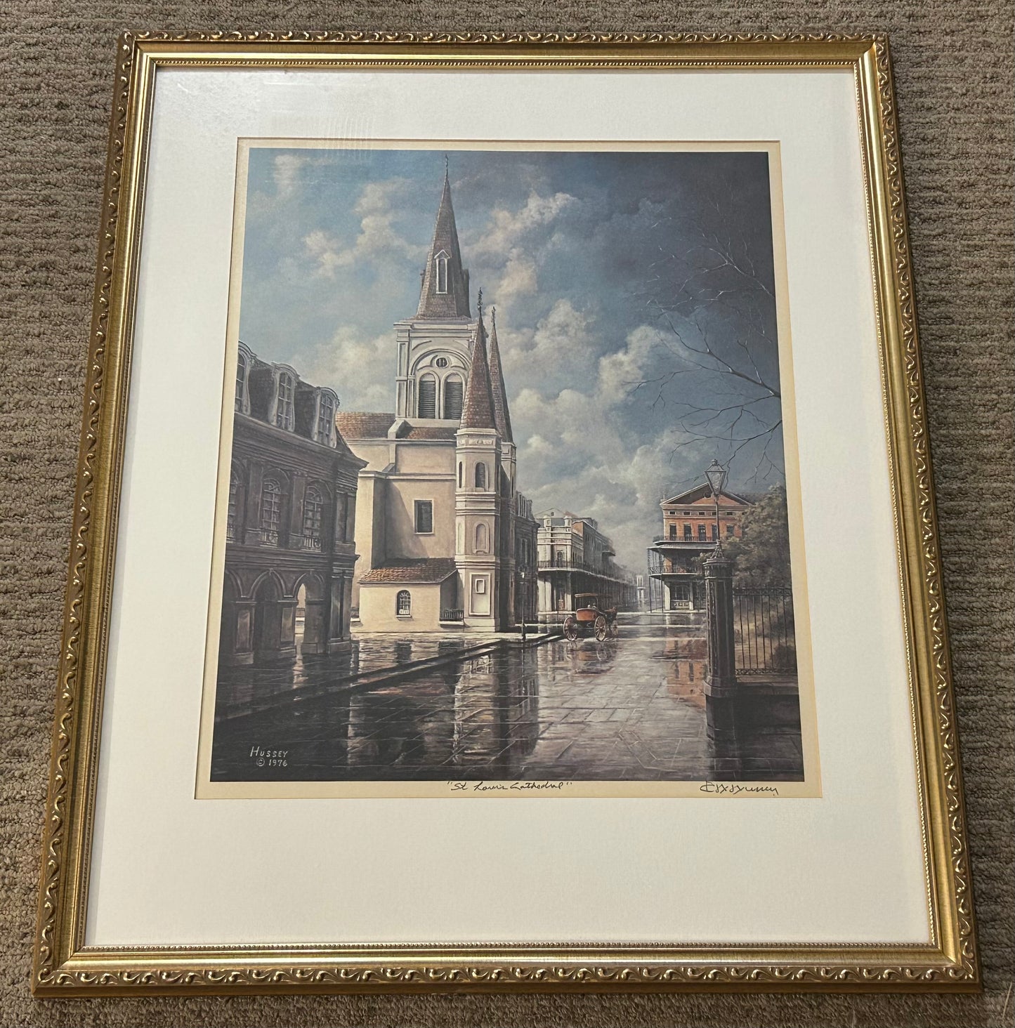Vintage James Hussey - “St. Louis Cathedral” Framed Signed Lithograph Print (20th Century) (New Orleans, Louisiana)