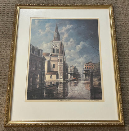 Vintage James Hussey - “St. Louis Cathedral” Framed Signed Lithograph Print (20th Century) (New Orleans, Louisiana)