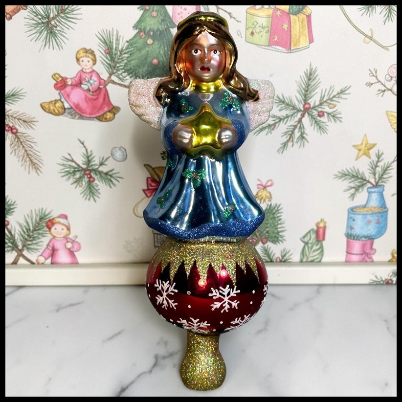 Vintage Circa 1970’s Italian-Style Hand-Painted Angel Mercury Glass Christmas Tree Topper Finial