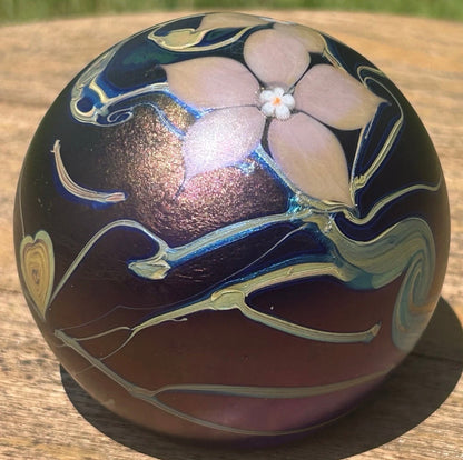 Vintage 1984 English Okra Studio Art Glass Nightshade Floral Motifs Limited Edition Paperweight (No. 3)