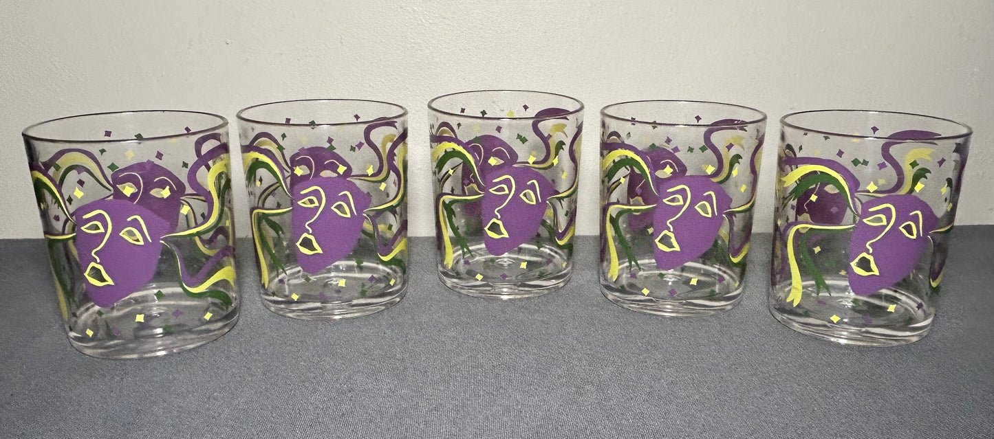 Set of 5 Vintage 1960’s American Cera Mid Century Modern Mardi Gras Mask Motif Plastic Lowball Glasses