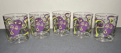 Set of 5 Vintage 1960’s American Cera Mid Century Modern Mardi Gras Mask Motif Plastic Lowball Glasses