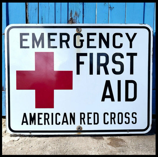 Late 1940’s Post World War II-Era American Red Cross Emergency First Aid Porcelain Enamel Metal Sign
