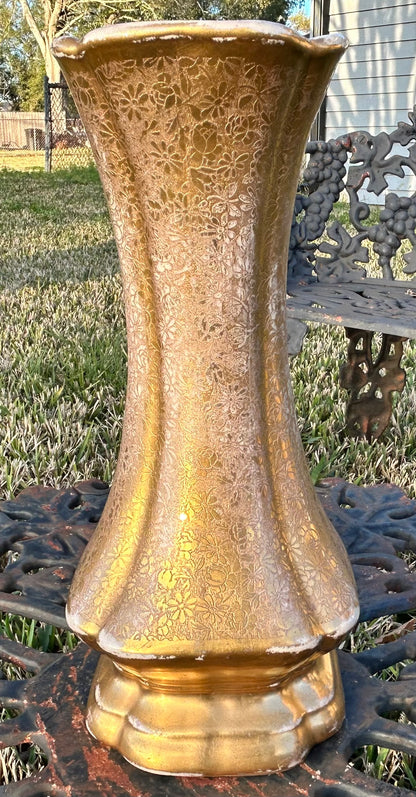 Vintage 1950’s American Hollywood Regency Gilded Ceramic Floral Pattern Footed Hourglass Vase