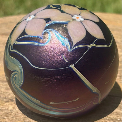 Vintage 1984 English Okra Studio Art Glass Nightshade Floral Motifs Limited Edition Paperweight (No. 3)