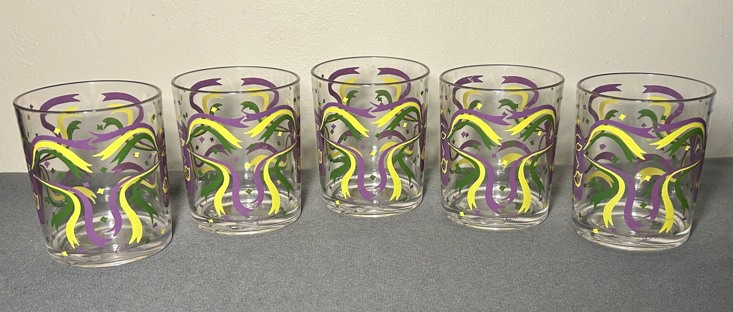 Set of 5 Vintage 1960’s American Cera Mid Century Modern Mardi Gras Mask Motif Plastic Lowball Glasses