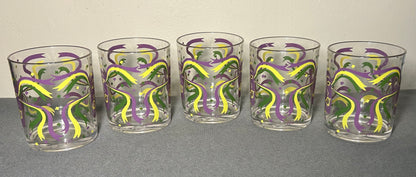 Set of 5 Vintage 1960’s American Cera Mid Century Modern Mardi Gras Mask Motif Plastic Lowball Glasses