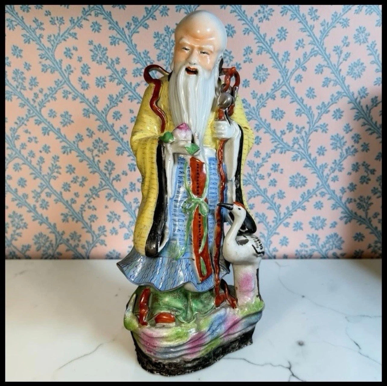 1920’s Chinese Famille Rose Porcelain Taoist Shou Lao God of Longevity Hand-Painted Statue (Early Republic Period)