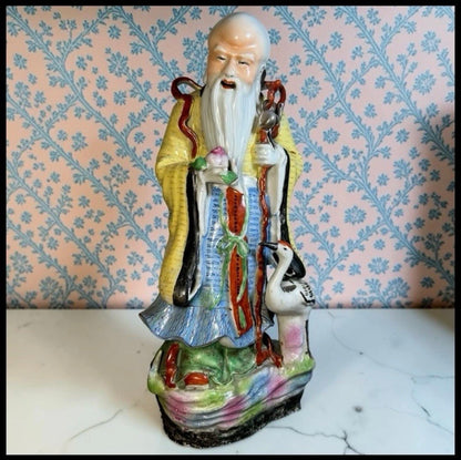 1920’s Chinese Famille Rose Porcelain Taoist Shou Lao God of Longevity Hand-Painted Statue (Early Republic Period)