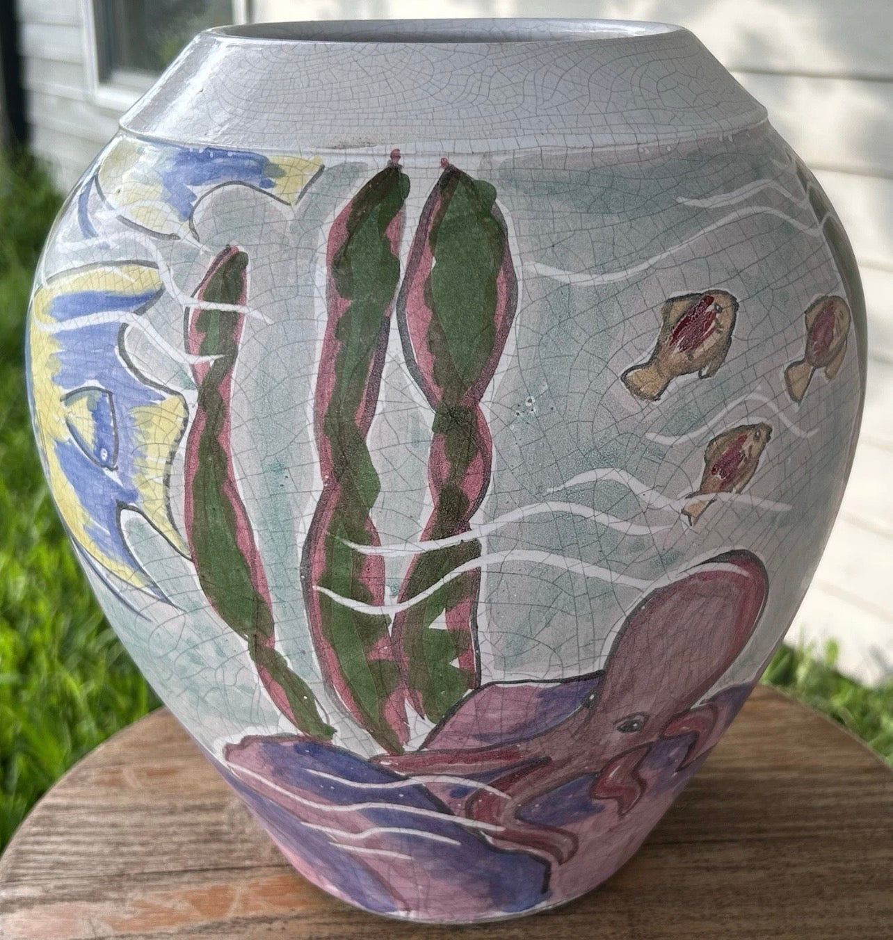 1992 Bruce and Tami Odell Studio Pottery Crackle Glazed Clay Mermaid and Fish Sea Life Motifs Baluster Vase