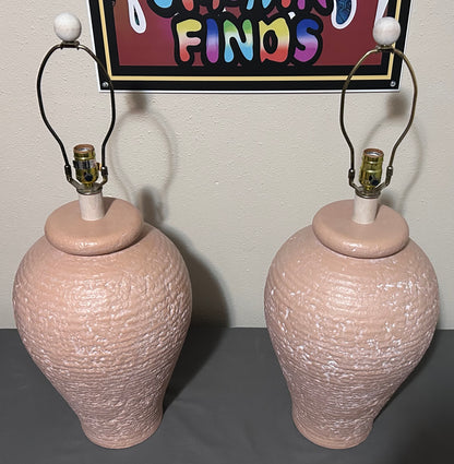 Pair of Vintage 1980’s American Postmodern Pastel Pink Banded Textured Ceramic Base Table Lamps with Thai Banana Paper Shades