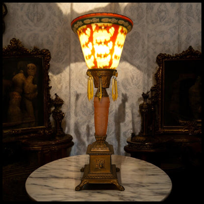 Circa 1920 American Art Deco Gilded Metal Lion's Paw Foot/Pink Frosted Glass Base Torchiere Table Lamp with Reverse Painted Frosted Glass Shade and Topaz Glass Hanging Prisms
