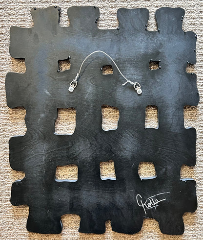 Cynthia Kolls Contemporary Style Resin/Magazine Paper Clippings on Wood Mixed Media Woven Crosshatch Symbol Wall-Hanging Art (21st Century) (Louisiana)