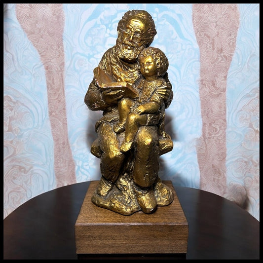 Vintage 1950’s American Borghese-Style Gold-Painted Chalkware Old Man Reading Book to Child Sculpture on Wood Base