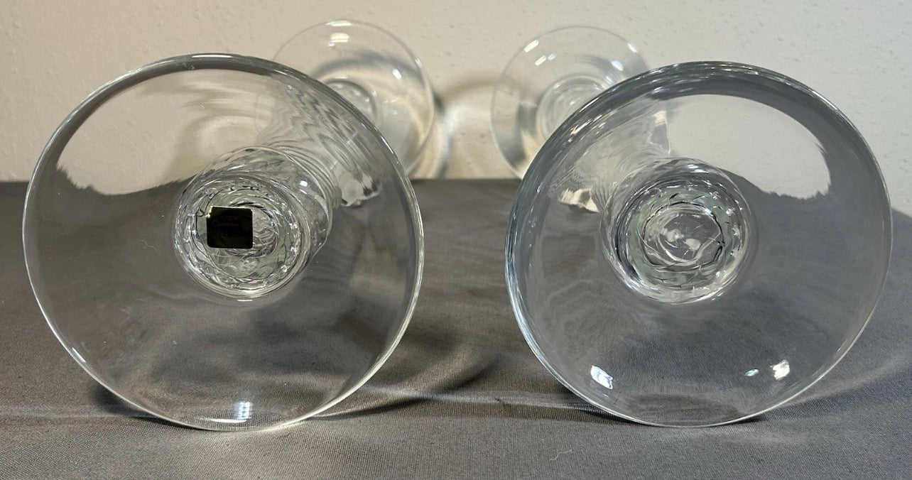 Pair of Vintage 1960’s Italian Empoli Monumental Mid Century Modern Clear Art Glass Optic Swirl Torsade Pattern Staggered Integrated Candle-Socket Chimney Circular Bobeche Drip Pans Candlesticks