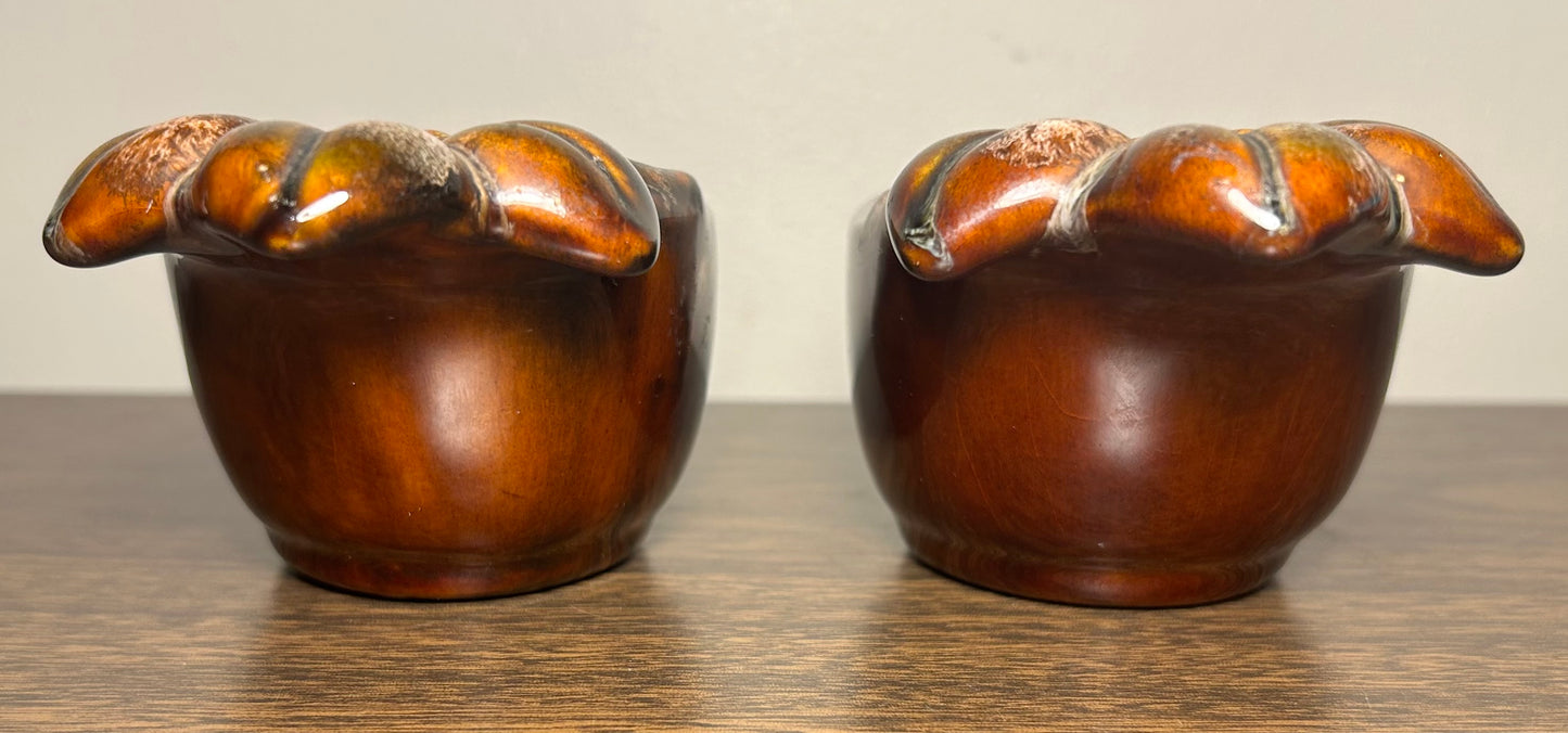 Pair of Vintage 1960’s American Mid Century Modern Brown Ceramic Drip Glaze Flower Bowl Form Votive Candle Holders