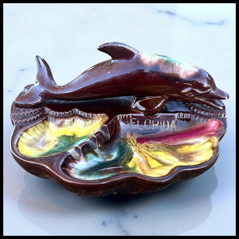 Vintage 1950’s Ceramic Redware Drip Glaze Florida Dolphin Souvenir Ashtray Made in Japan