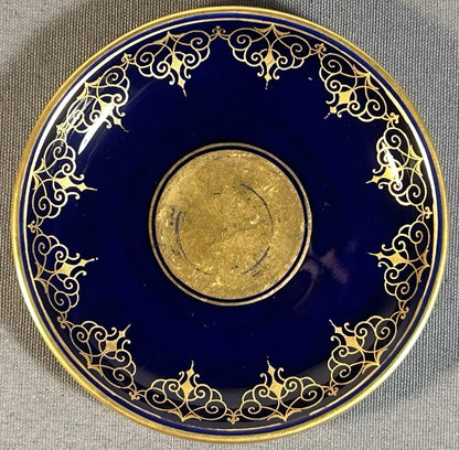 1930’s Austrian Augarten Porcelain Biedermeier Style Gilded Cobalt Blue Scrollwork Motifs Demitasse Cups and Saucer Set