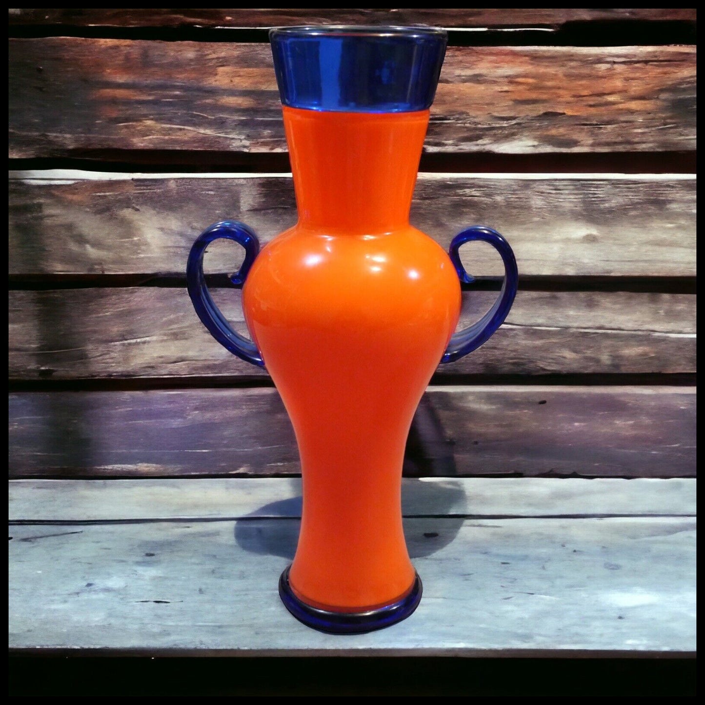 2001 Ipso Facto Art Glass Contemporary Style Orange/Blue Double Handled Vase