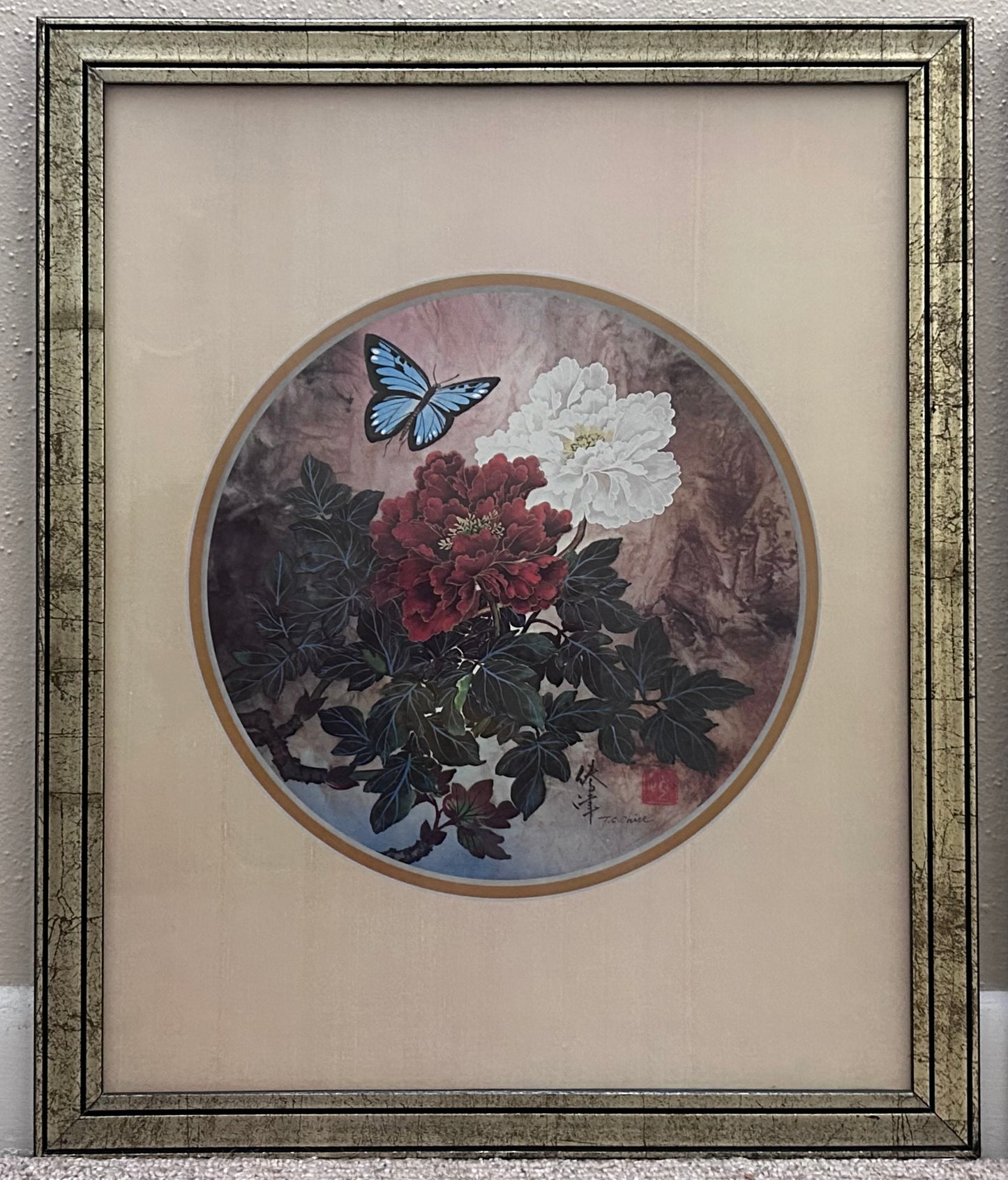 Set of 2 Vintage 1980’s Windsor Art Products Oriental Flowers with Butterflies Framed Prints by T.C. Chiu