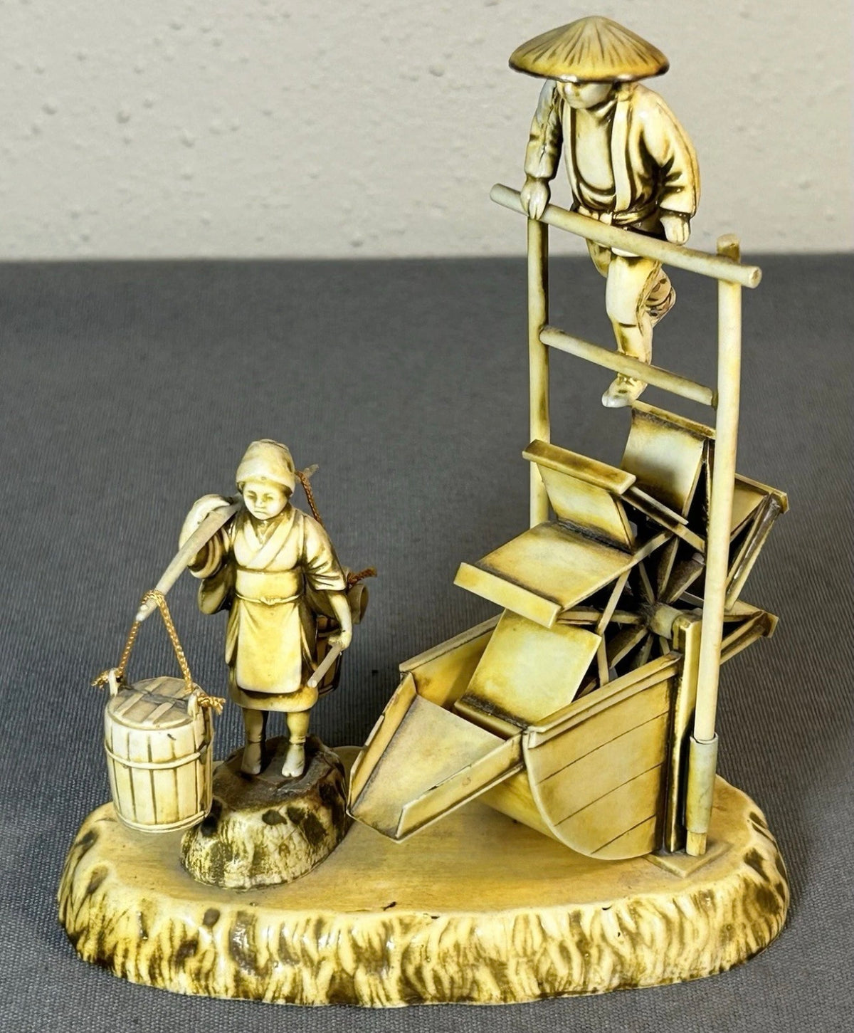 Vintage Circa 1950 Japanese Celluloid Agricultural Water Wheel Diorama Scene Figurine (Showa Period)