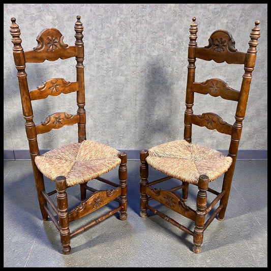 Pair of Vintage Mid 20th Century Spanish Country Style Carved Maple Wood/Upholstered Rush Seat High Ladderback Dining Chairs