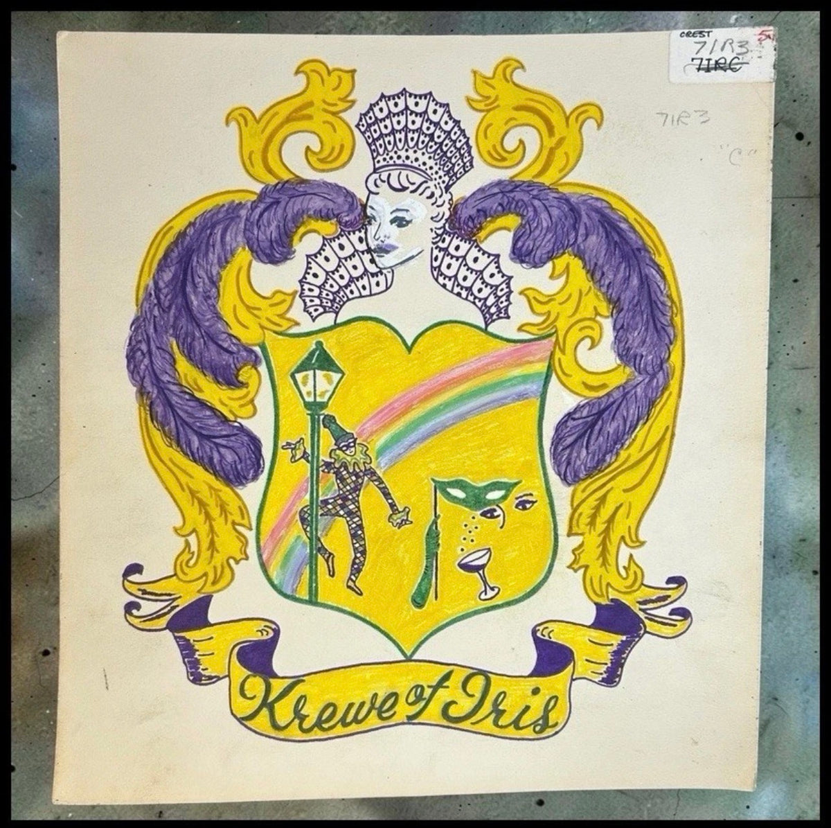 Vintage 1970’s Krewe of Iris New Orleans Mardi Gras Tableau Ball Heraldic Crest Concept Art on Illustration Board