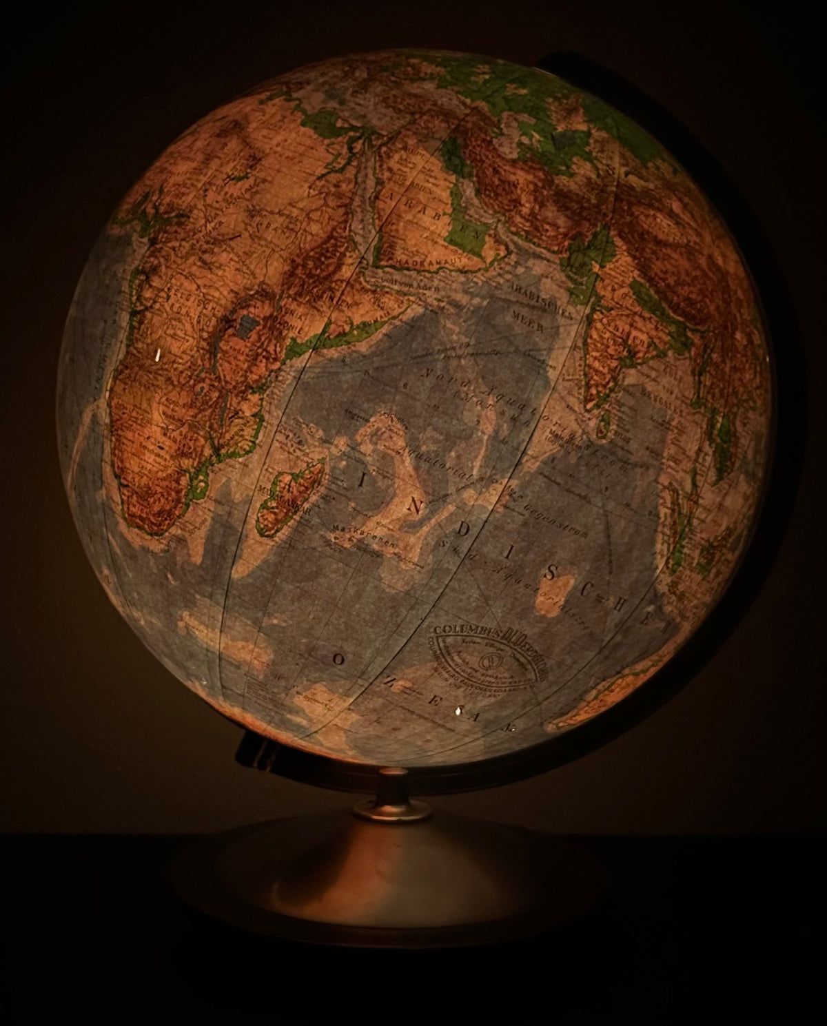 Vintage 1950’s German Mid Century Modern Columbus Verlag Paul Oestergaard Duo Erdglobus Illuminated Glass 12-Inch Globe