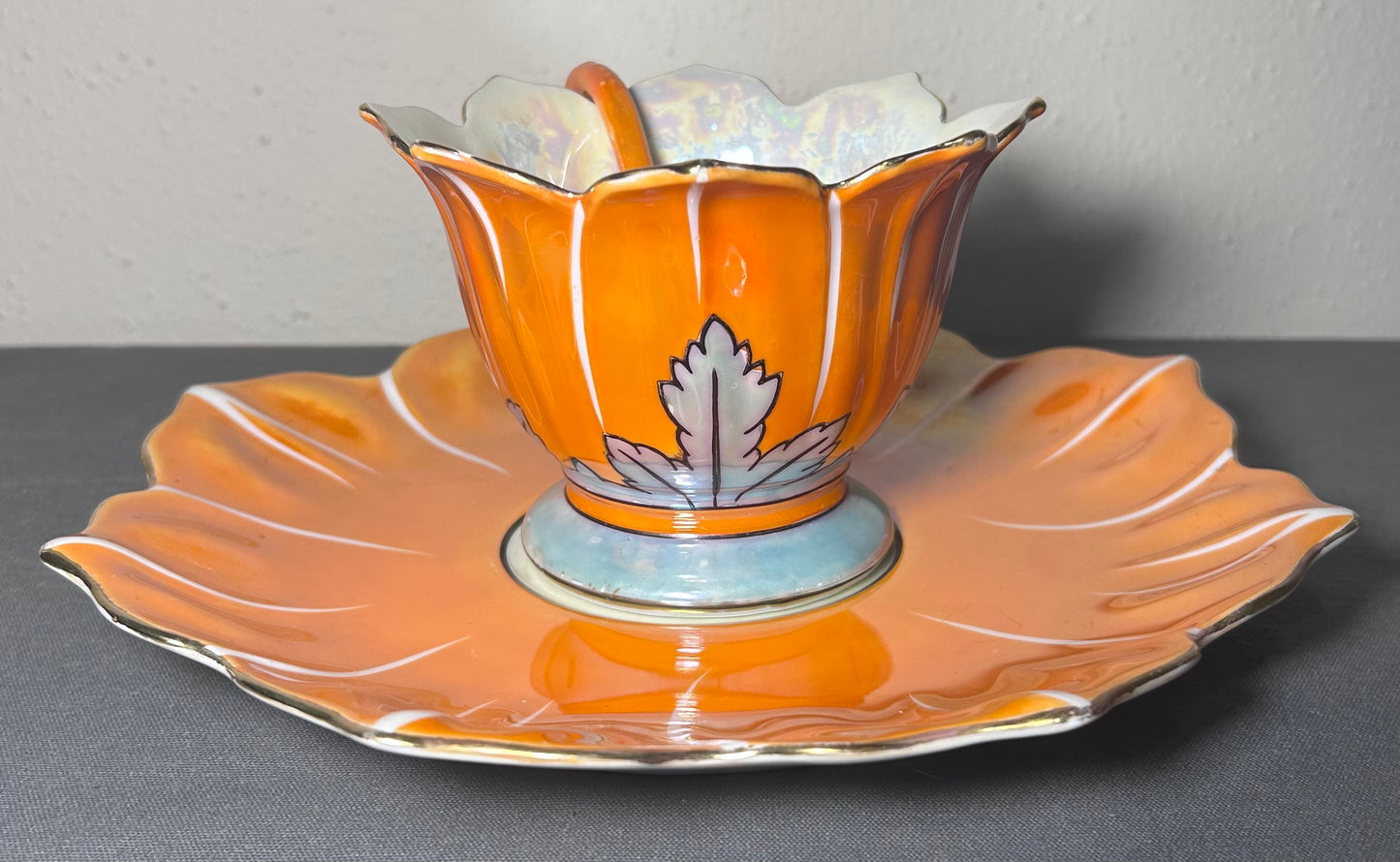 1920’s Japanese Art Deco Noritake Morimura Bros. Lustreware Porcelain Lotus Flower Form Leaf Motifs Footed Condiment/Sauce Bowl Three-Piece Set with Ladle and Underplate