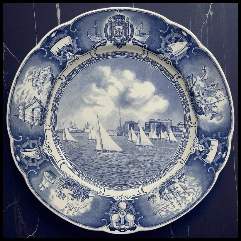 1934 English Wedgwood Etruria Blue Transferware Porcelain U.S. Naval Academy Sailboat Drill Plate