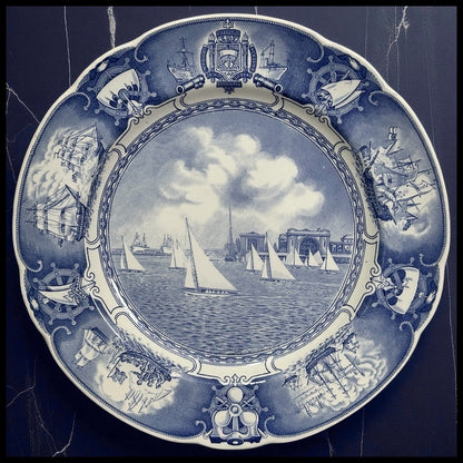 1934 English Wedgwood Etruria Blue Transferware Porcelain U.S. Naval Academy Sailboat Drill Plate