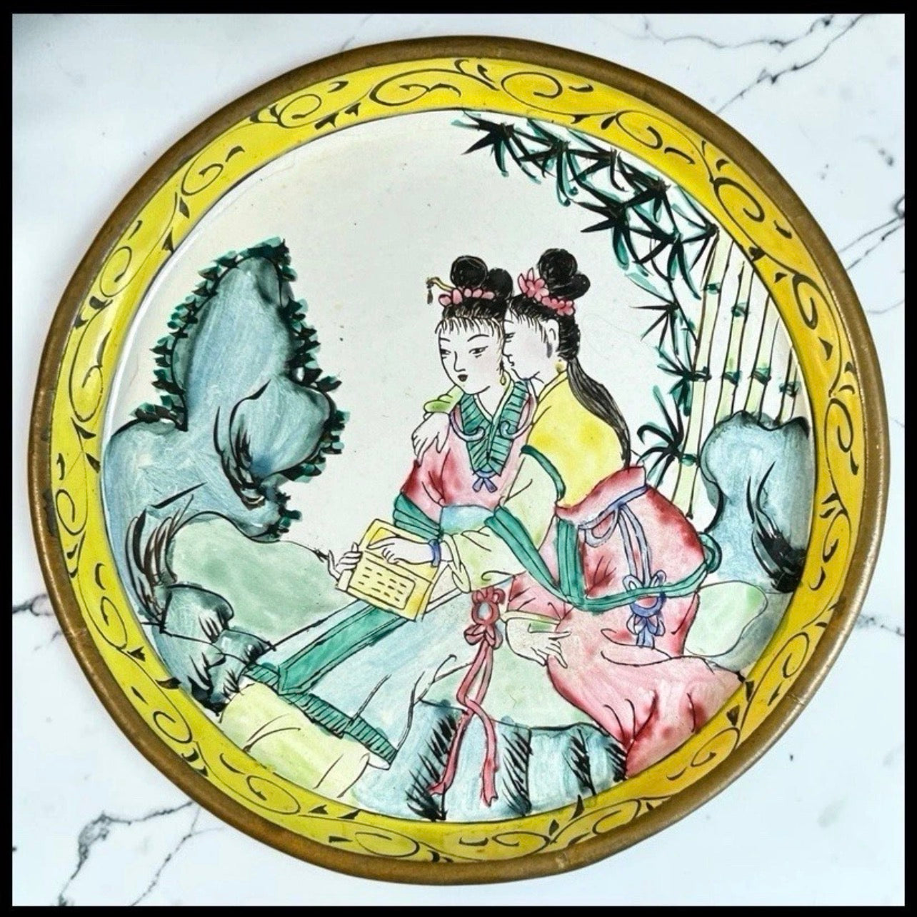 Vintage 1950’s Chinese Canton Enamel on Copper Hand-Painted Court Ladies Motif Trinket Dish