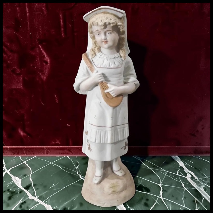 Late 19th Century German Victorian Bisque Porcelain Girl with Mandolin Figurine