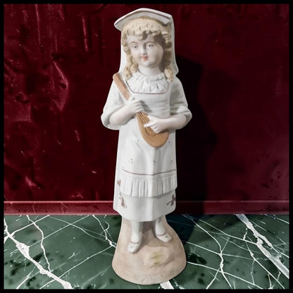 Late 19th Century German Victorian Bisque Porcelain Girl with Mandolin Figurine