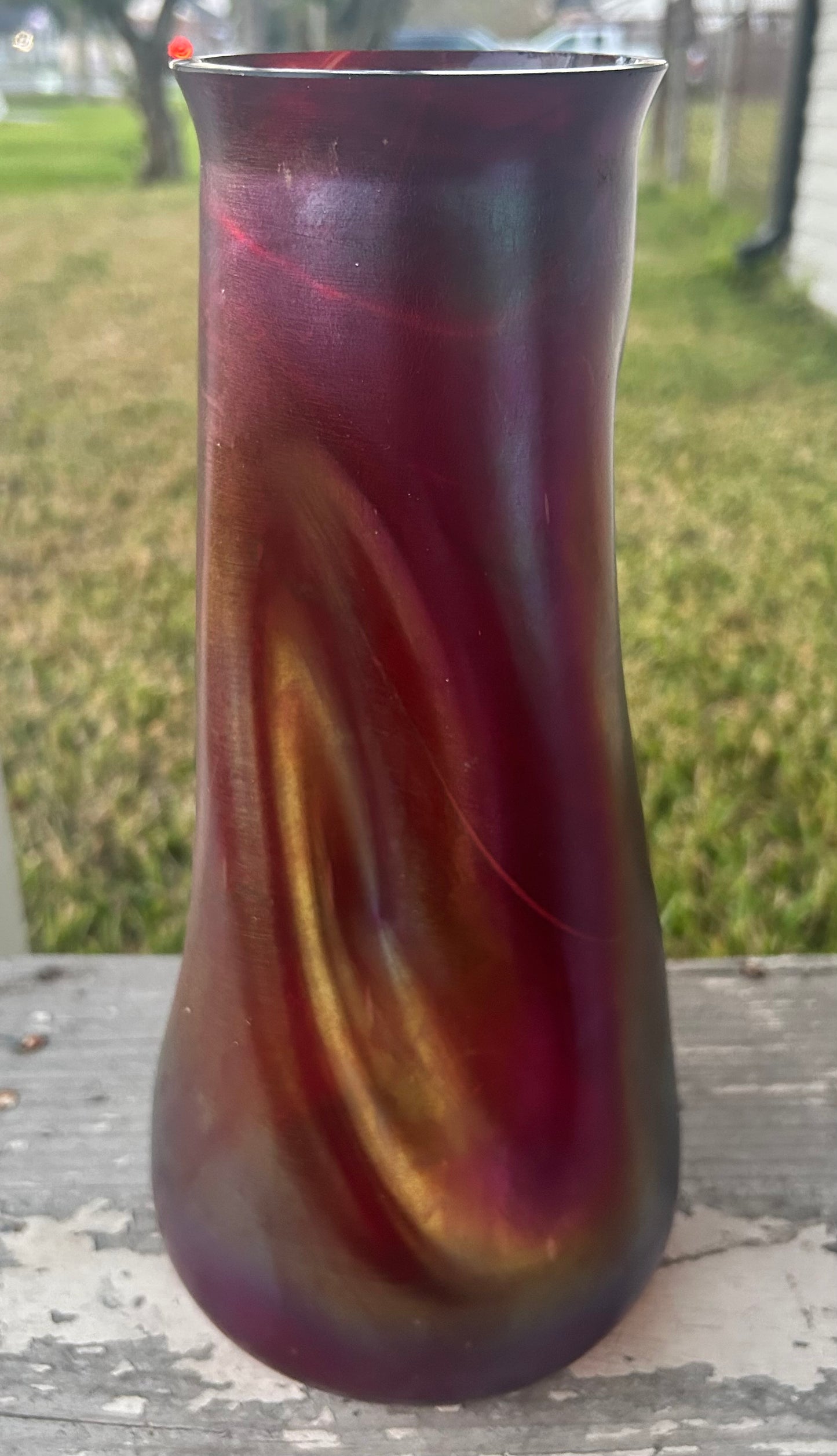 Circa 1900 Bohemian Josef Rindskopf Art Nouveau Iridescent Ruby Red Glass Striated Twist Vase