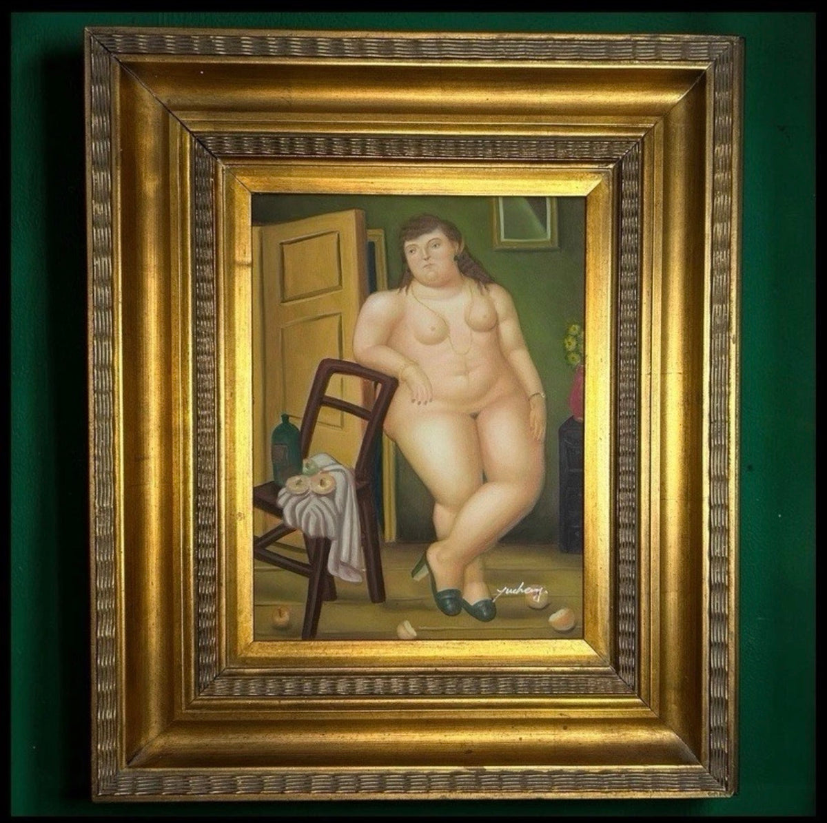After Fernando Botero “Still Life with Oranges” Framed Oil Painting Signed Yuchevez with 2010 WYES-TV Auction Tag