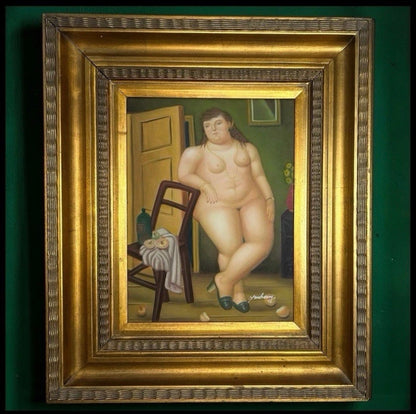 After Fernando Botero “Still Life with Oranges” Framed Oil Painting Signed Yuchevez with 2010 WYES-TV Auction Tag