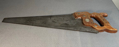 Vintage 1950’s American Henry Disston & Sons 20-Inch Chrome-Nickel Alloy Steel Metal Blade/Carved Applewood Wheat Design Handle D-23 Model Panel Saw with Medallion