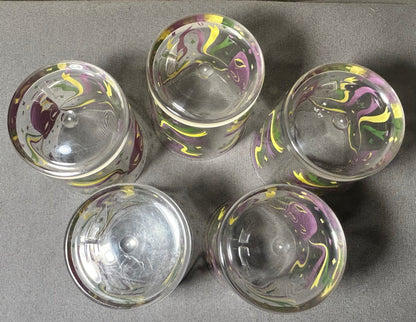 Set of 5 Vintage 1960’s American Cera Mid Century Modern Mardi Gras Mask Motif Plastic Lowball Glasses