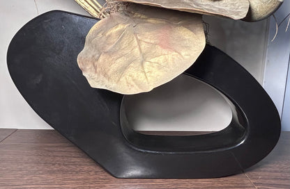 Vintage 1980’s American Post-Modern Gold Painted Dried Floral Arrangement Set in Black Ceramic Freeform Ring Vase