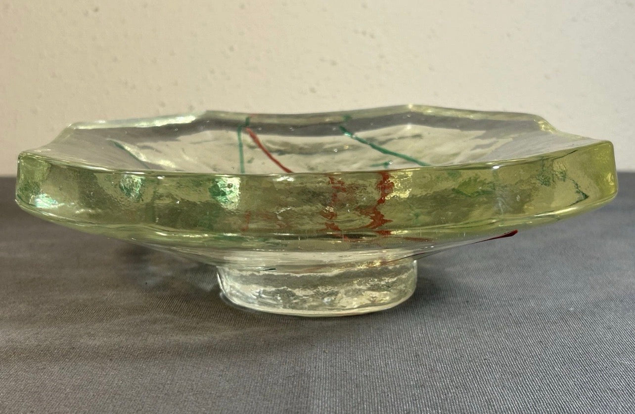 Vintage 1996 Gene Koss Studio Art Glass Contemporary Style Octagonal Footed Shallow Bowl (New Orleans, Louisiana)