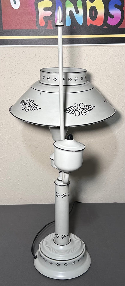 Vintage Mid 20th Century American Country Style White/Black Toleware Metal Student Desk Lamp
