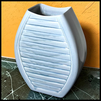 Vintage Circa 1980 American Postmodern Seafoam Gray Ceramic Crackle Glazed Ellipse Form Banded Bouquet Vase