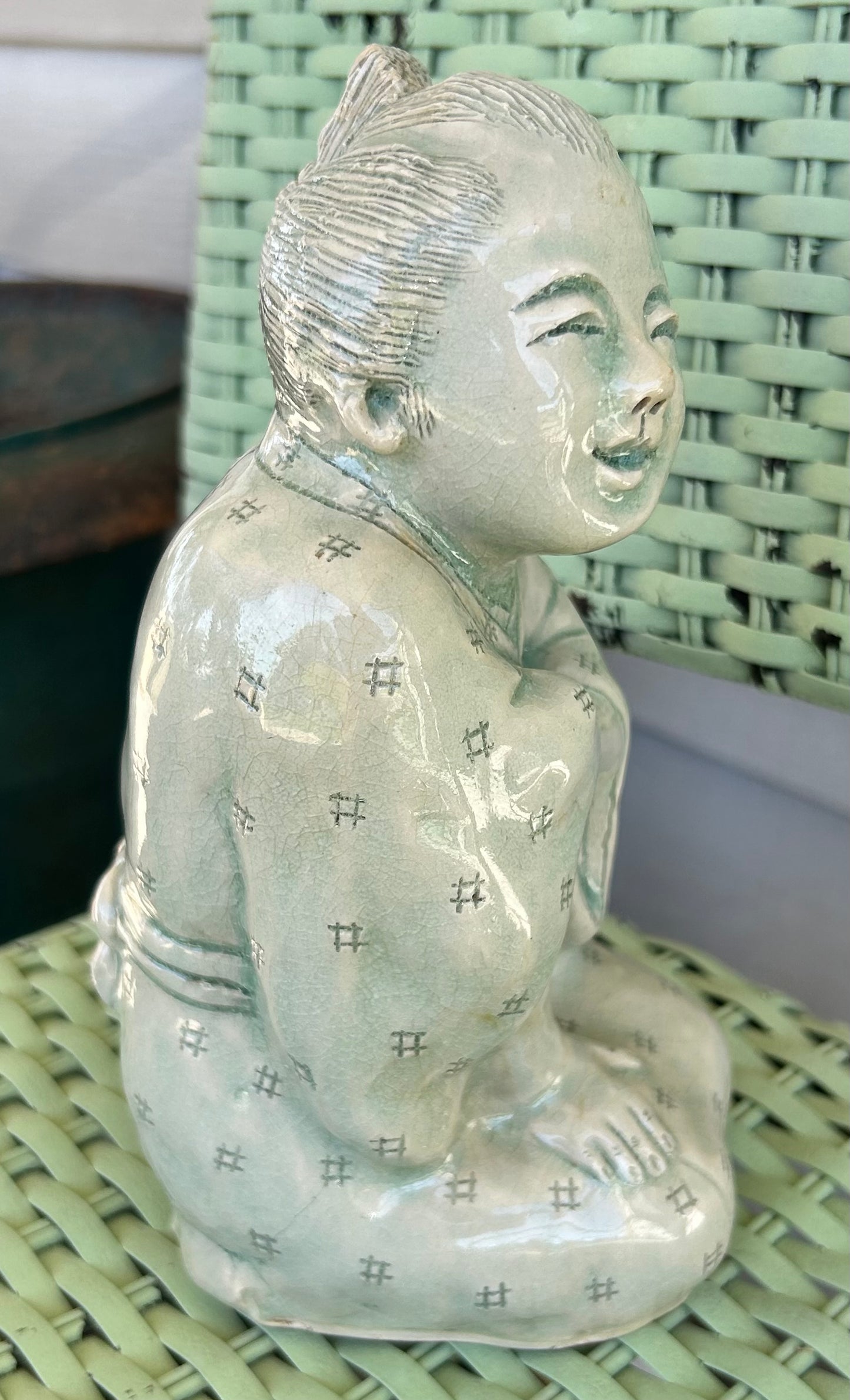 Vintage Mid 20th Century Japanese Young Boy Kneeling Carved Crackle Glazed Celadon Ceramic Sculptural Figure (Showa Period)