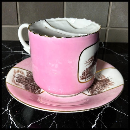 Late 19th Century German Victorian Schlesische Porzellanfabrik Louis Lövinsohn and P. Donath Gilded Pink Porcelain Mustache Cup and Saucer Set