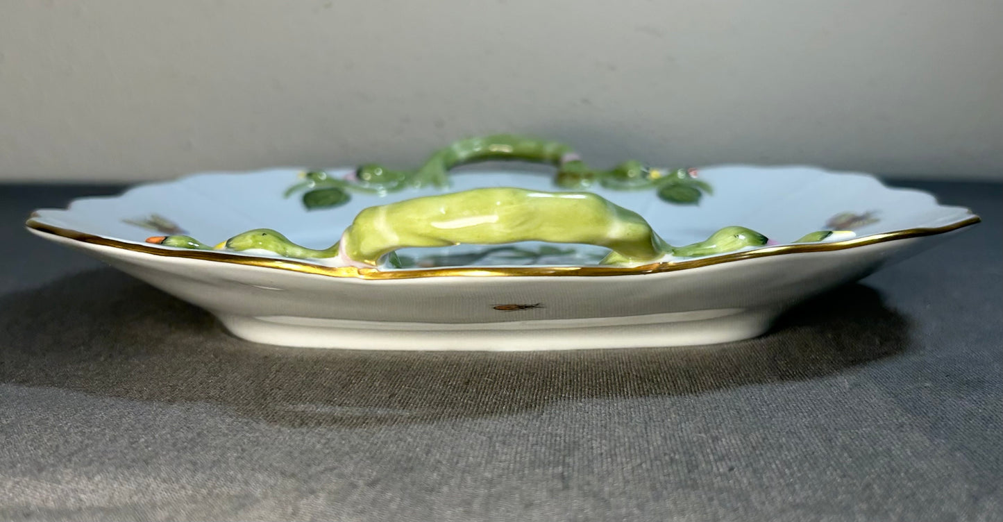 Vintage Circa 1970 Hungarian Herend Porcelain Hand-Painted Rothschild Bird Pattern Scalloped Rim Handled Square Serving Tray