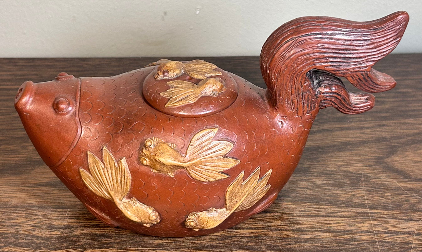 Vintage 1990’s Chinese Yixing Zisha Clay Koi Fish Form Teapot