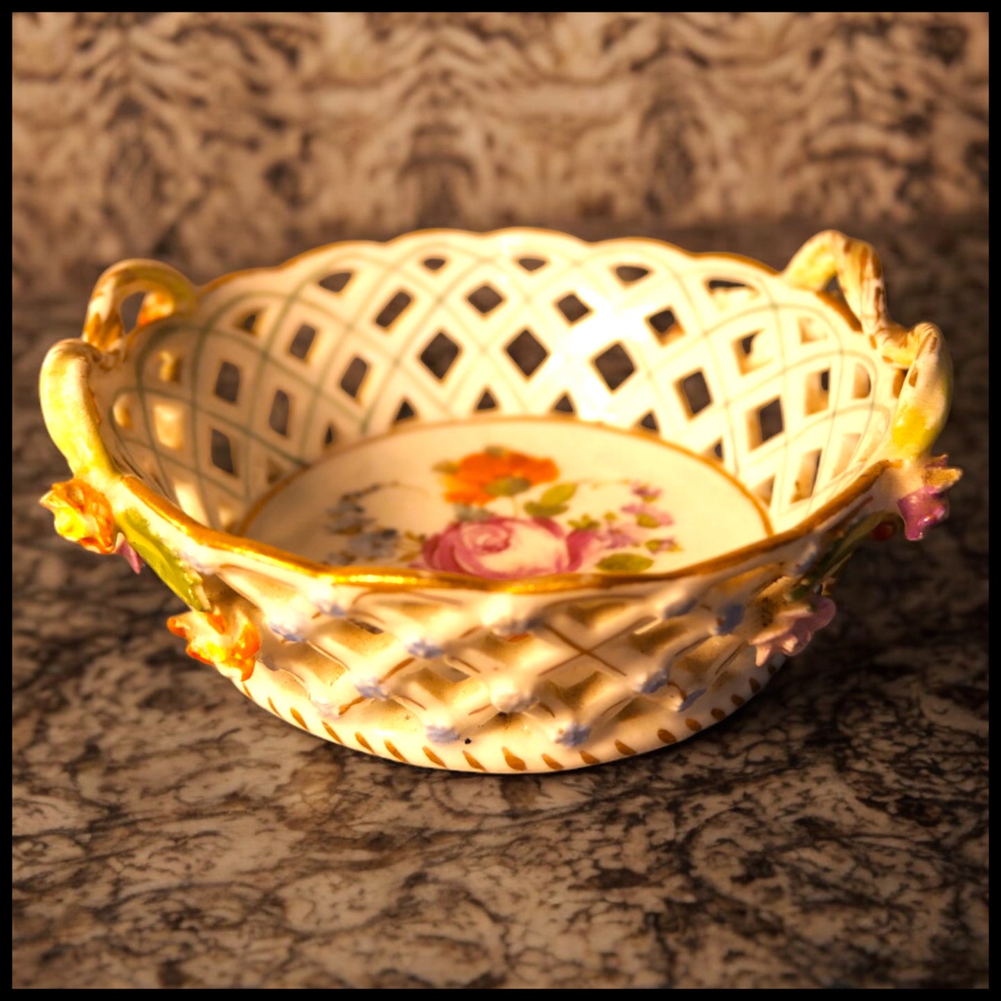 Early 20th Century German Art Nouveau Carl Thieme Potschappel Dresden Porcelain Hand Painted Floral Motif Reticulated Handled Basket with Applied Flowers